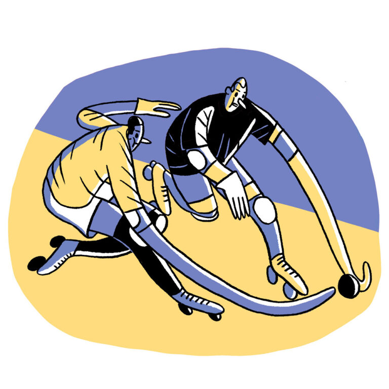 Zeichnung in gelb und blau. Zwei Personen mit Rollschuhen versuchen spielen mit einem Ball auf dem Boden. Ihre Arme haben die Form von Hockeyschlägern.