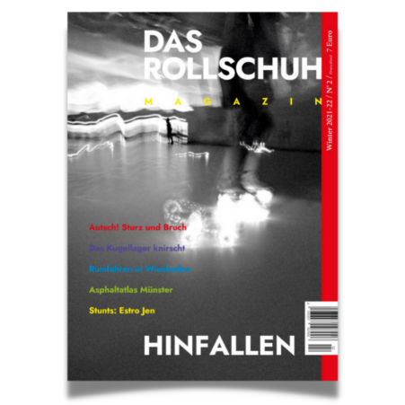 Titelbild Zeitschrift, verschwommenes Schwarz-weiß Bild mit der Schriftzügen "Das Rollschuh" und "Hinfallen".