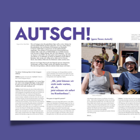 Ansicht einer Zeitschriftenseite, Titel "Autsch", darunter Text und ein Foto mir zwei sitzenden, lächelnden Personen, Galatea und Kostyantyn.
