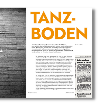 Artikelansicht Übersicht "Tanzboden", unten ein kleiner Zeitungsausschnitt "Rollschuh-Park eröffnet in Kassel"