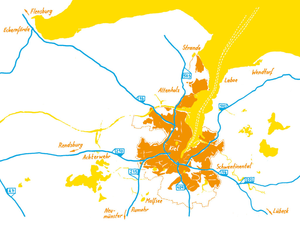 Gezeichnete Karte von Kiel in gelb, orange und blau