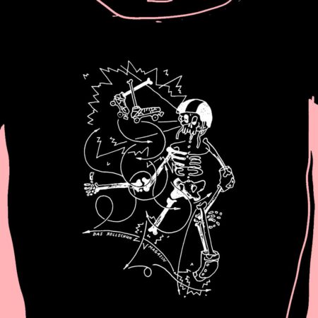T-Shirt "Never Stop Rollerskating", Motiv Zoom, Skelett-Skater mit Rollschuhen