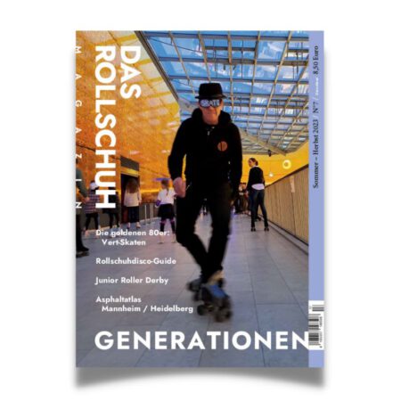 Das Rollschuhmagazin Nr 7, Titelbild. Thema "Generationen". Martin Broich skatet mit "Skatebrille" in der Shoppingmall.